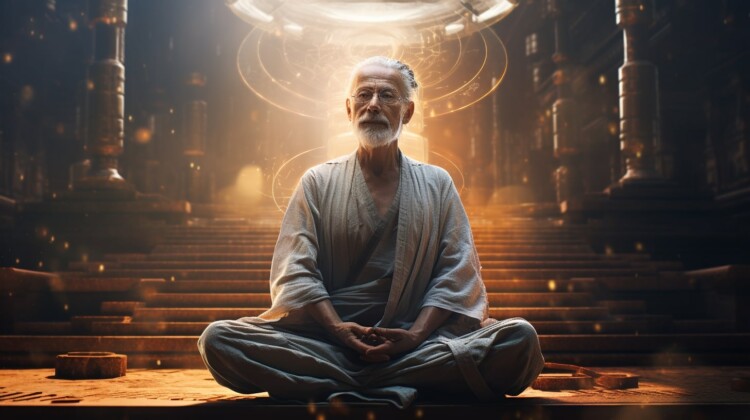 Senior Meditating in the future with help of AI